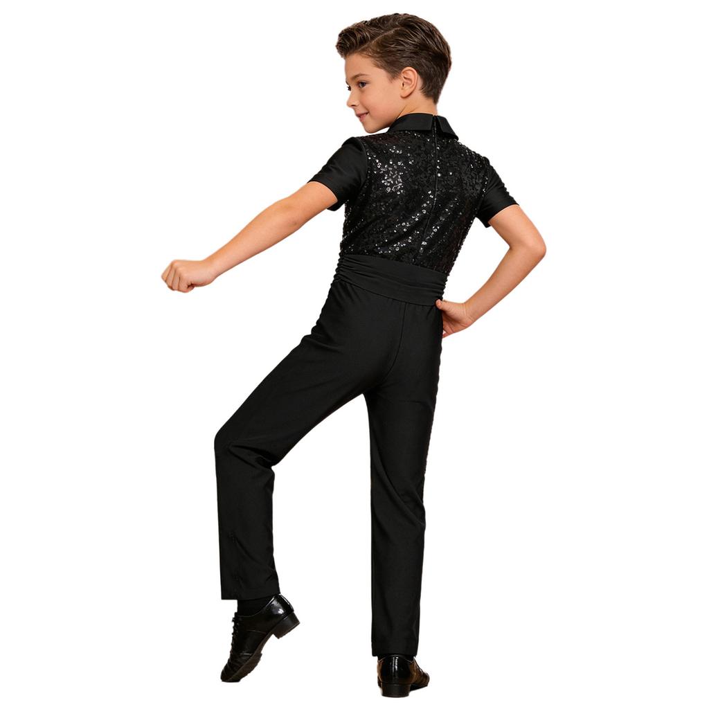 Trajes de patinaje artístico para niños Camisa de baile latino moderno para niños Body Leotardo Niños Salsa Tango Salón Solapa Mono Tops
