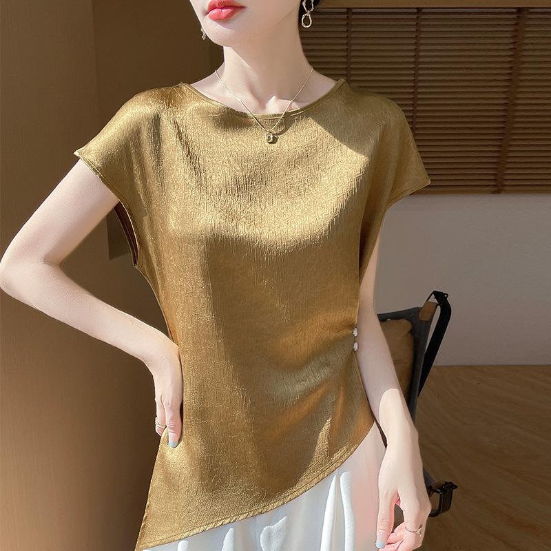 

The New French Round-neck Short-sleeved T-shirt for Spring and Summer Features A Unique and Irregular Design with A Solid Color Base Layer M перлина білого кольору