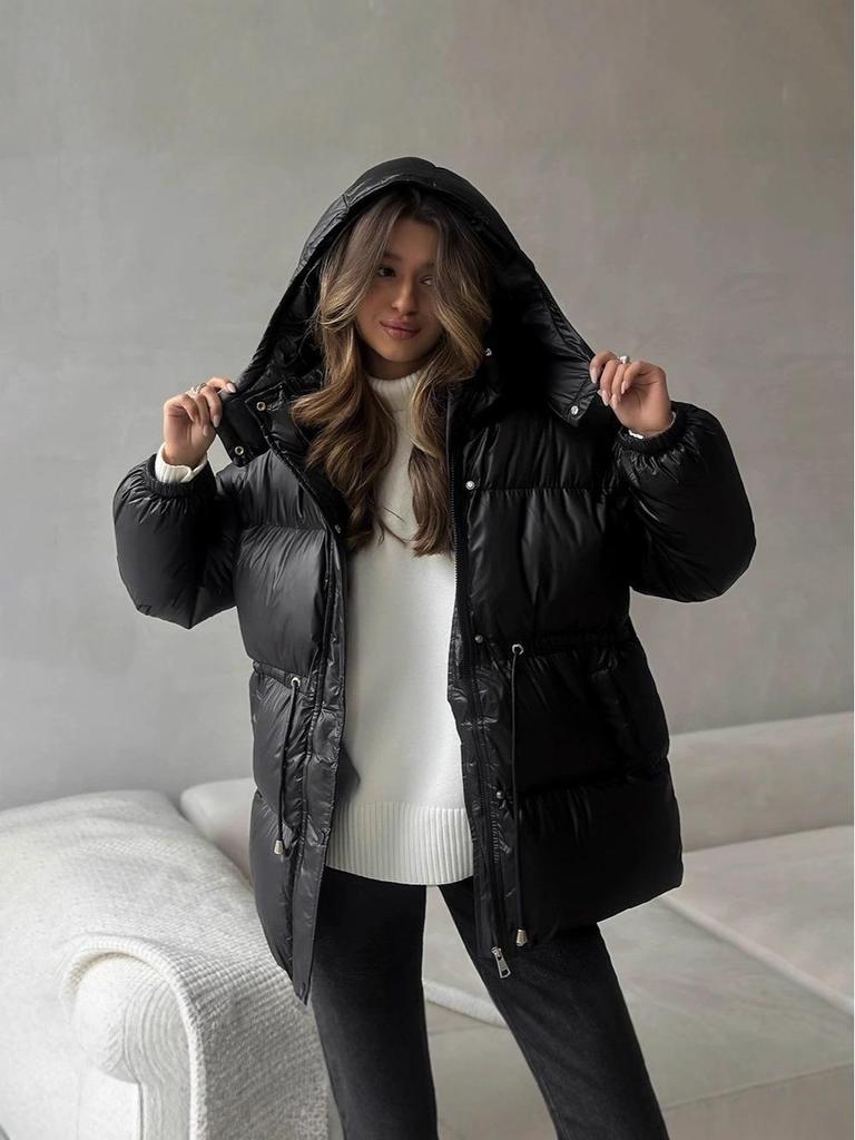 2025 European & American Slim-Fit Hooded Winter Cotton Jacket: Comfortable, Warm, Cross-Drawstring Design with Zipper.