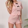 Women's Casual Home Wear Set: Short Pajamas with Bow & Ruffle Trim, Suitable for Outdoors
