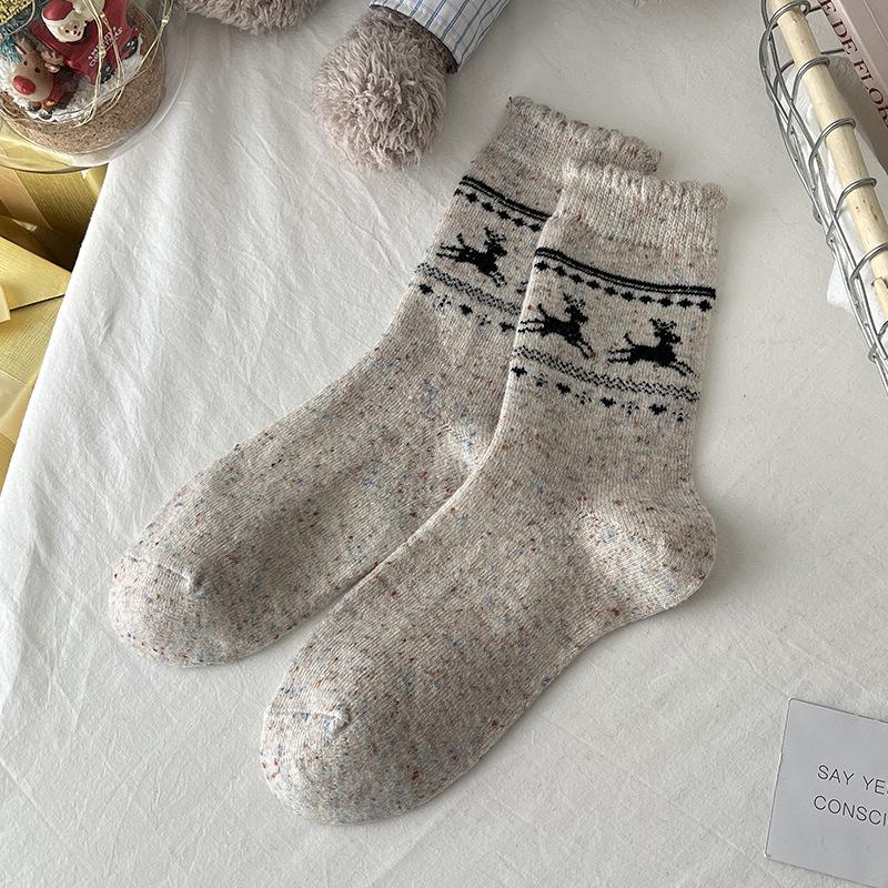 Suxinaimin Fair Isle Moose Wool Socks - Warm Mid-Calf Bow Design for Autumn/Winter