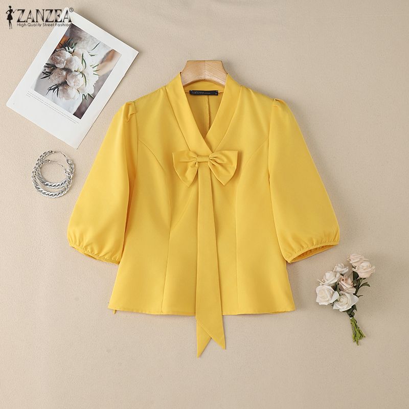 ZANZEA Damen Freizeit V-Ausschnitt Einfarbig Halbarmausbluse