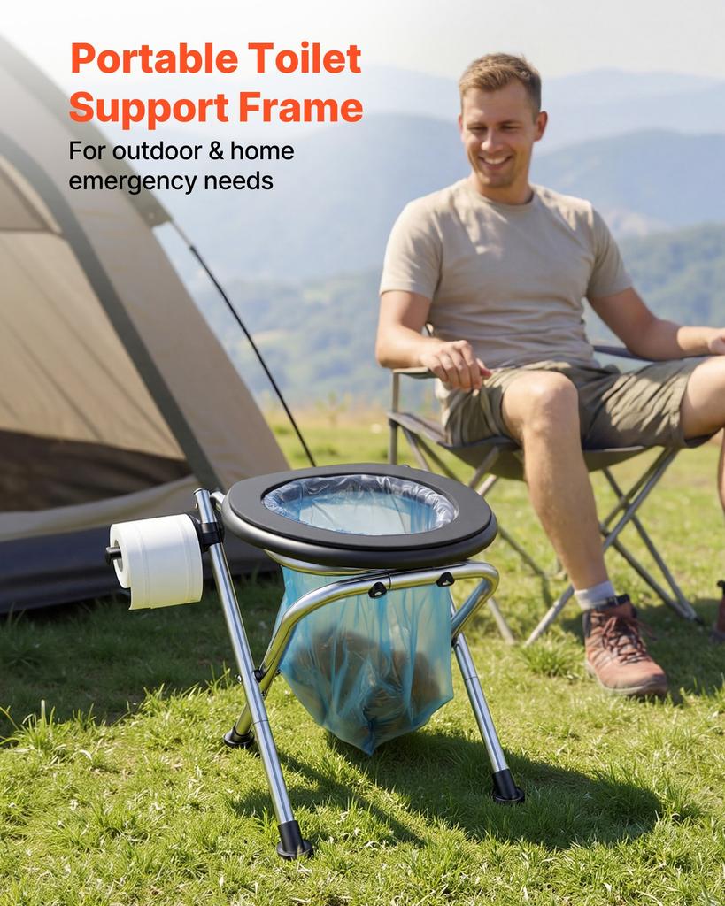 VEVOR Portable Toilet for Camping, 350 lbs Weight Capacity, Stainless Steel Foldable Camp Travel Toilet with Soft Seat for Adults