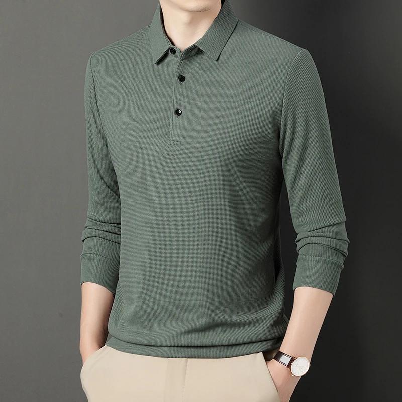 Spring Autumn Waffle Men's Long-sleeved Polo Shirt Business Casual Slim Top Classic Solid Color Male Brand Tees