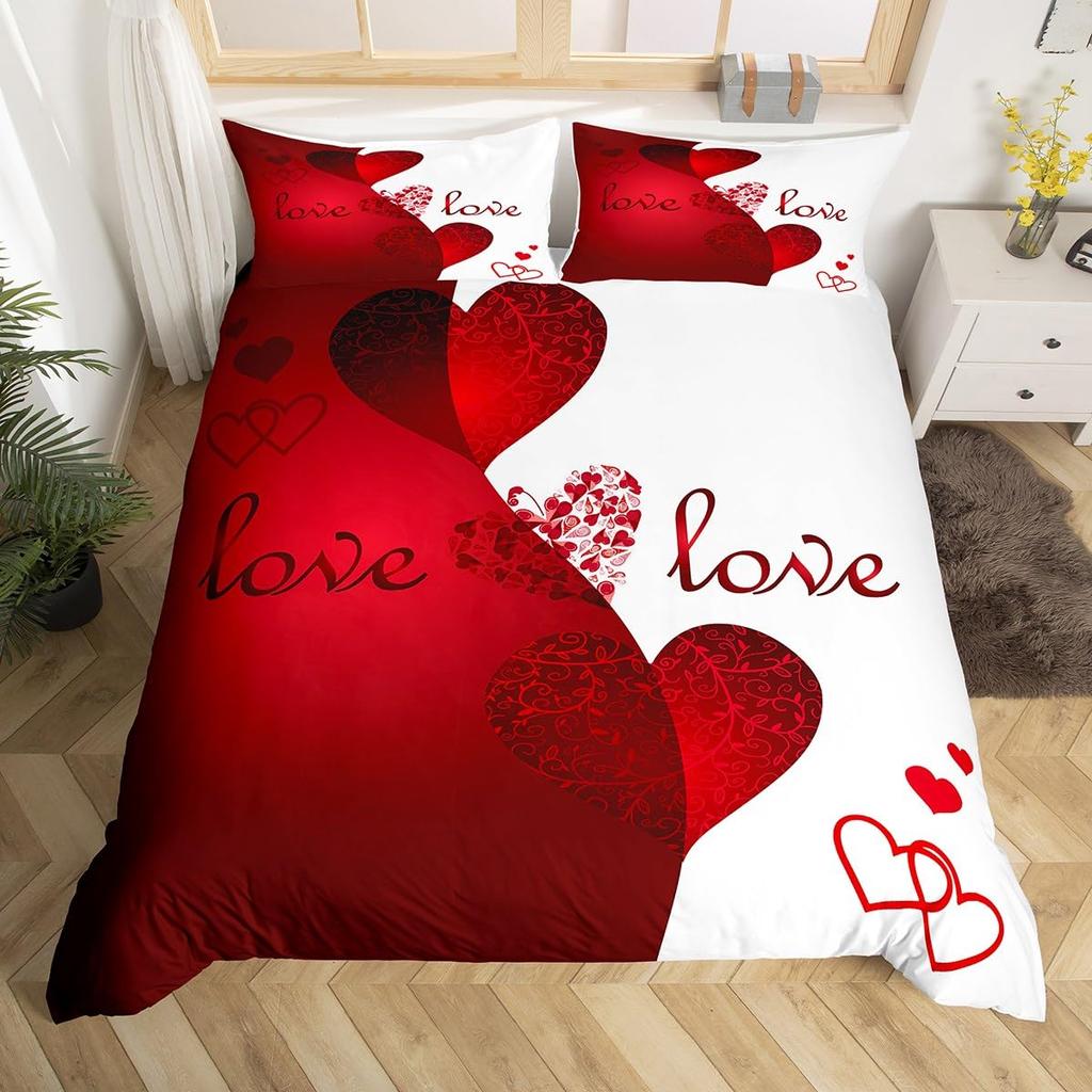 Red Love Heart Duvet Cover For Couples,Bow Romantic Bedding Set Valentines Day Loving Hearts Quilt Cover Wedding Comforter Cover