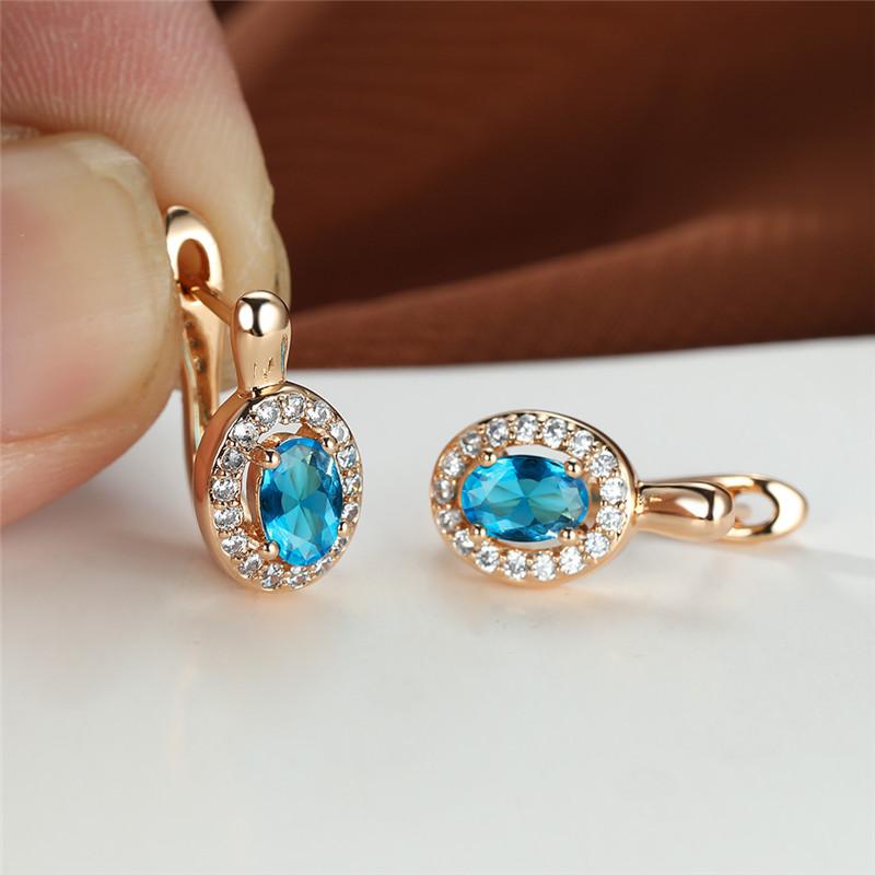Cute Female Rose Gold Color Crystal Blue Stone Earrings Dainty Oval Zircon Wedding  For Women