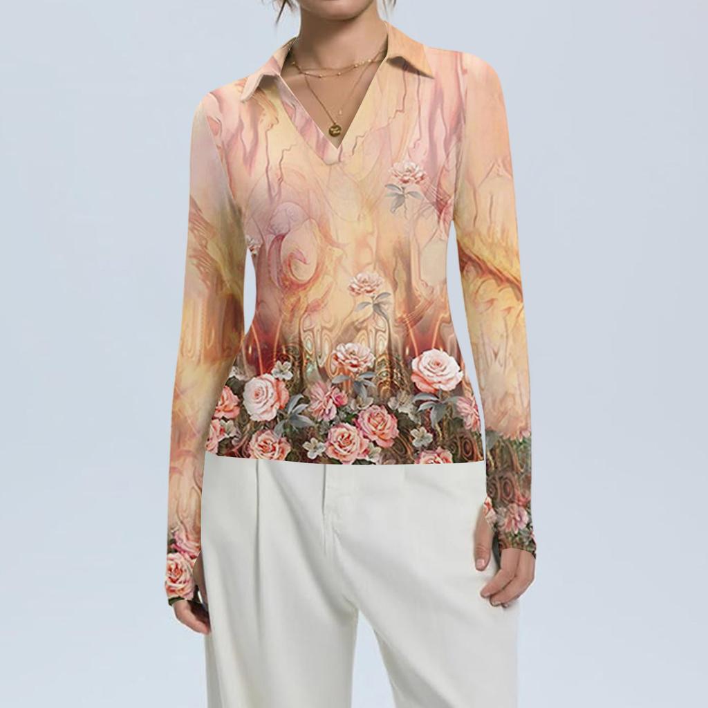 Women's Fashion Casual Print V-Neck Long Sleeve Button-Down Top