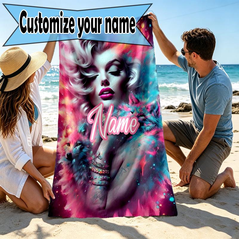 Custom Name Personalized Marilyn Monroe Print Beach Towel, for Trip Camping Beach Party Home Decor, Birthday Gift for Family & Friends