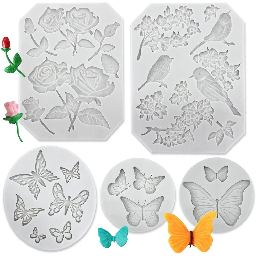 

5pcs Butterfly Rose Flower Stems Birds Blossoms Silicone Fondant Mold Crafting DIY Projects and Cake Decoration Silicone Mold Baking Mold 5pcs