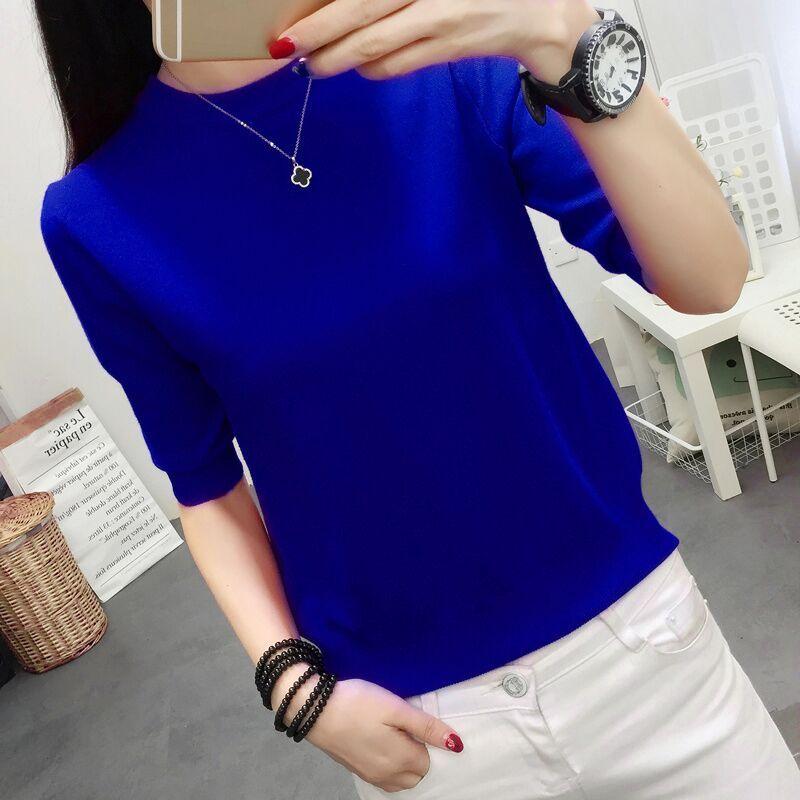 

2025 Весна Новый Поступление Женская Мода Стиль Половина Рукава Половина Длины Круглый Вырез Вязание Свободный и Простой Модный Элегантный Базовый Тонкий Blue(Middle sleeve) M