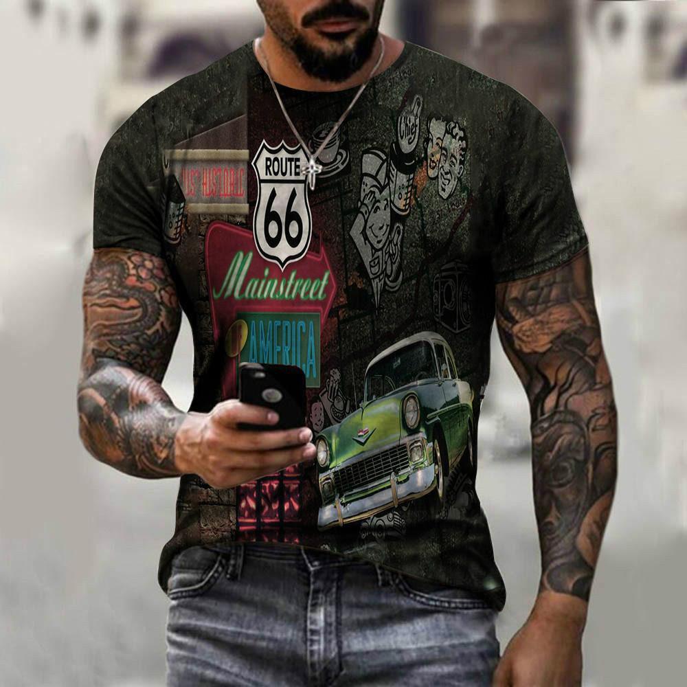 Summer New 3D Printed US Route 66 Cool Round Neck Men's T-shirt