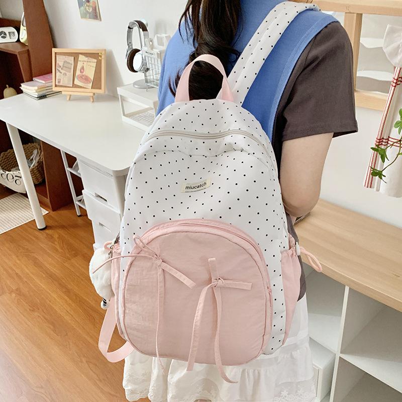 Schoolbag Cute Sweet Girl Backpack Female Student Class Versatile School Bag Korean College Style Bow Polka Dot Backpack