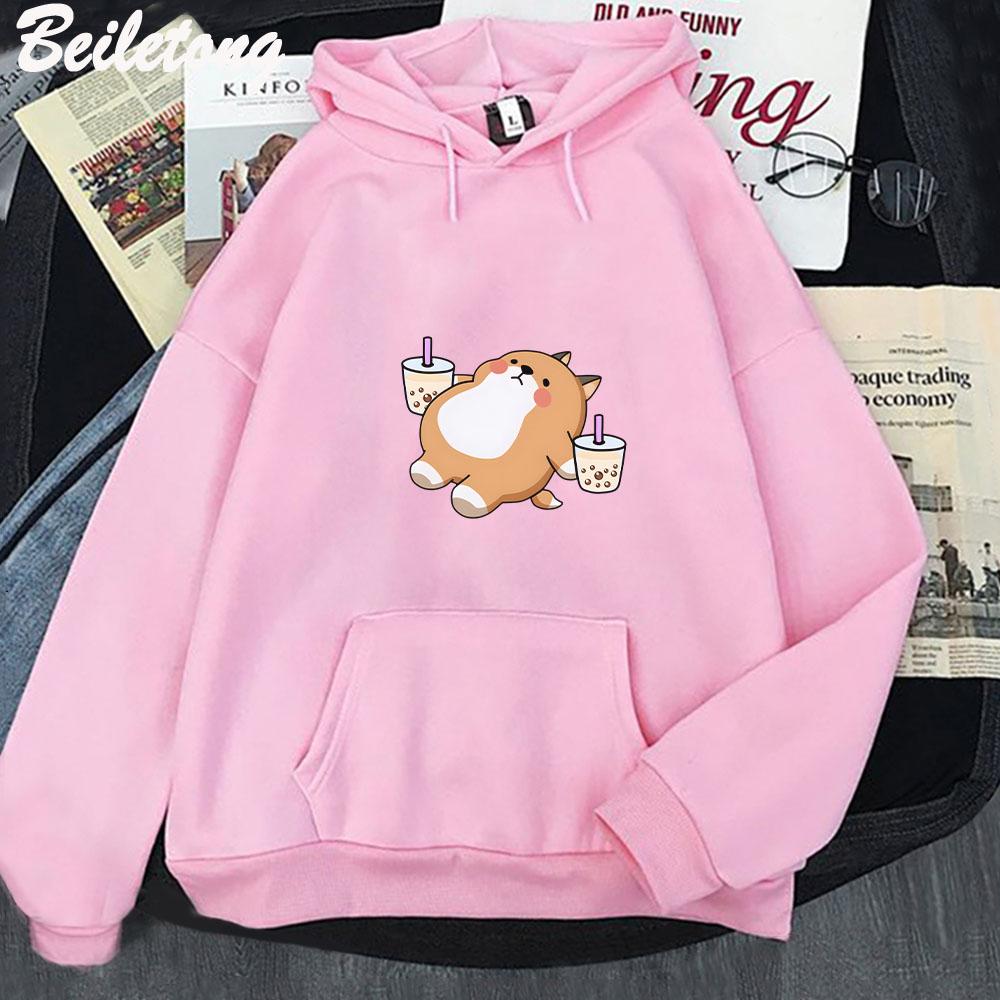 Boba Tea Hoodie Cute Dog Print Oversized Cartoon Women Sweatshirt Hoodie Kawaii Clothes for Girl Pullover Casual Harajuku