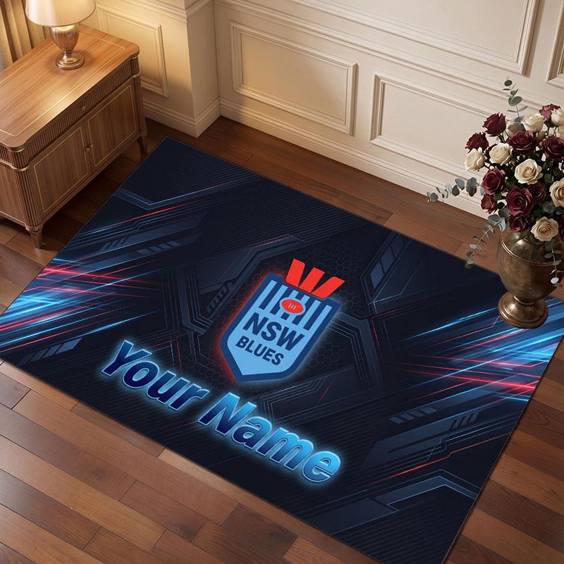 NSW Blues Personalized Crystal Velvet Carpet, Customized Name Text Soft Anti‑Slip Rug for Living Room Bedroom