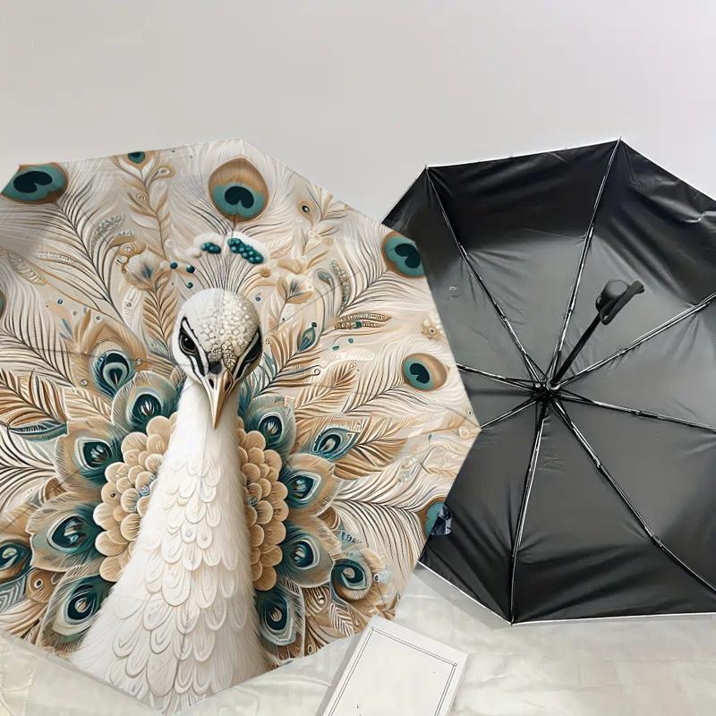 1PC Peacock Feathers Automatic Open/Close Umbrella with Windproof, 8-Rib Sturdy Canopy, Durable Ribs, Fashionable Design,1273a