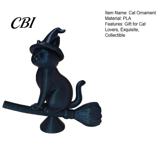 Exquisite Cat Collectible Witch Figurine, Black Riding Broom Statue, 3D Printed Ornament Ornament, Desktop Decoration for Home Office Decor Mysterious