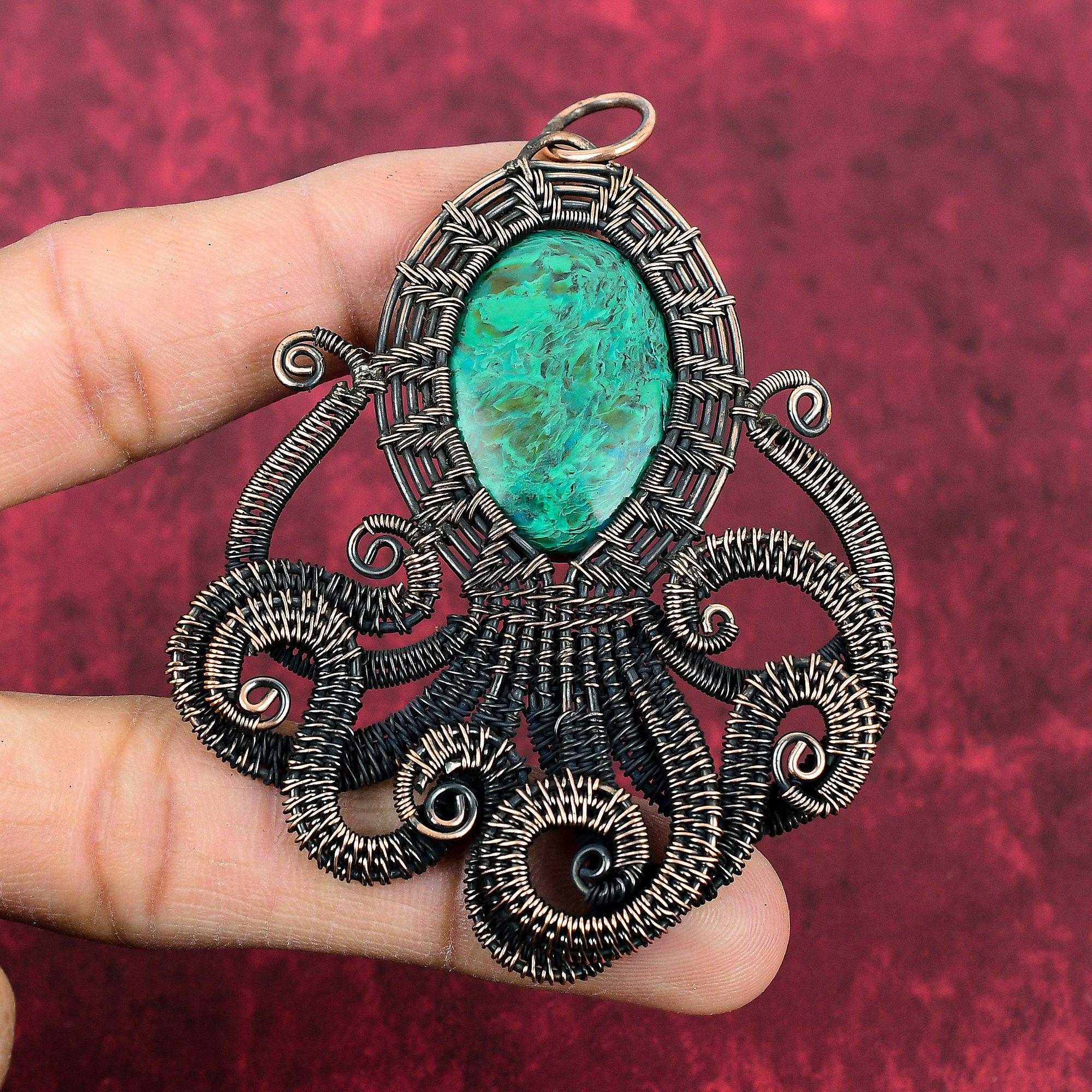 Chrysocolla Pendant Copper Wire Wrapped Jewelry Handmade Octopus Pendant Natural Gemstone Pendant Copper Wire Wrap Pendant Gifts For Mother