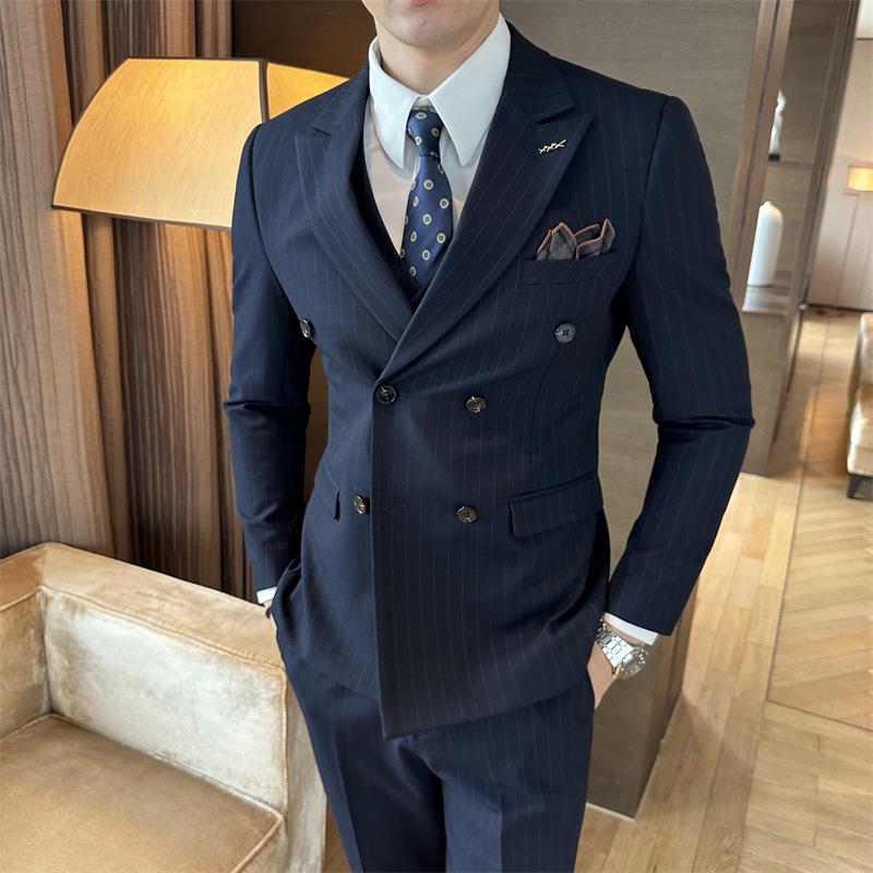 Men's Striped Double-Breasted Slim-Fit Business Casual Suit
