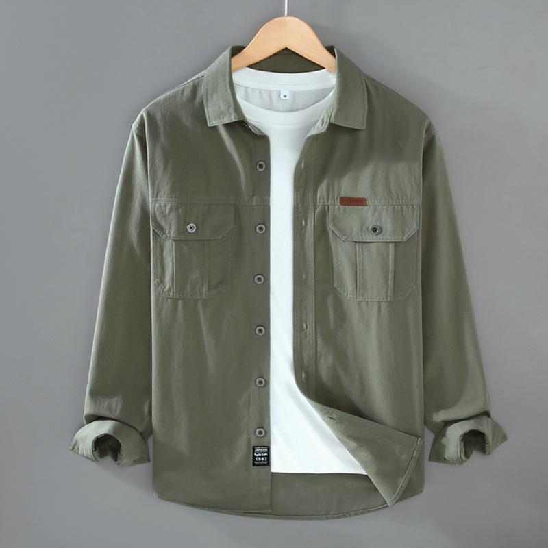 

American Retro Style Cargo Long Sleeve Shirt Men Spring Fall Pure Cotton Casual Shirts Double Pocket Square Thin Button Jackets for Men XXXL армия зеленый