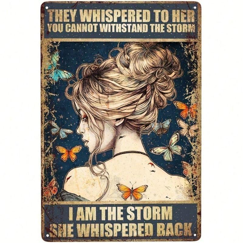 Metal Wall Art, Woman Butterfly Portrait Inspirational Quote Storm Decor for Living Room