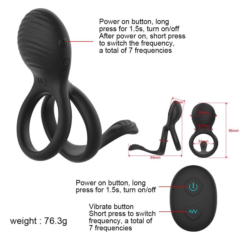 Male Dual Penis Ring Vibrator 7 Vibration Modes Remote Control Stretchy Ultra Cock Rings Erection Enhancing Sex Toy for Men