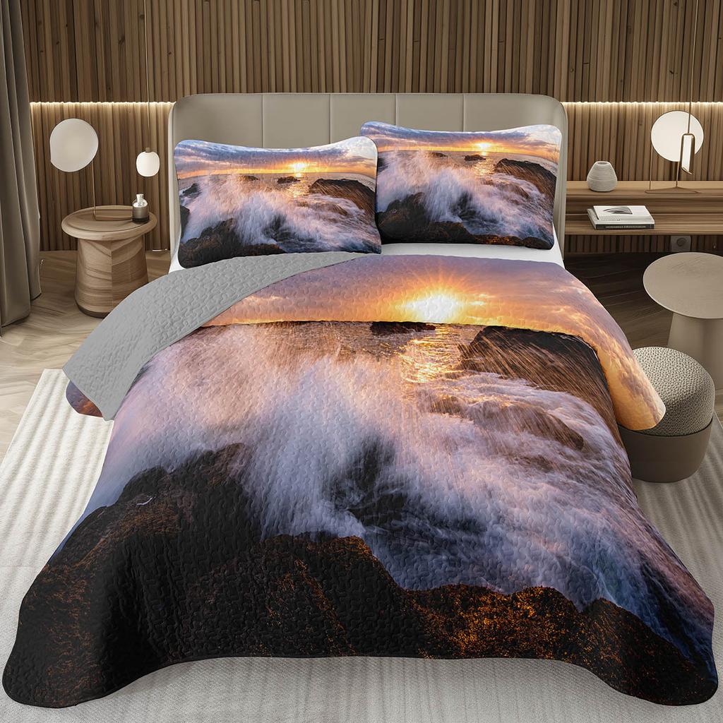Sunset Scenery Bedspread Queen/Full Natural Landscape Quilted Coverlet 2/3Pcs Reversible Grey Bedding Set for Boy Girl Room Dorm