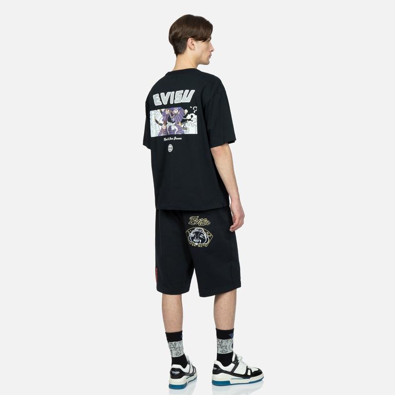 Evisu Seagull Wave Wash Distressed Print Crew Neck Pullover T-Shirt Men Tops Black 2ESHTM3TS574RXCT