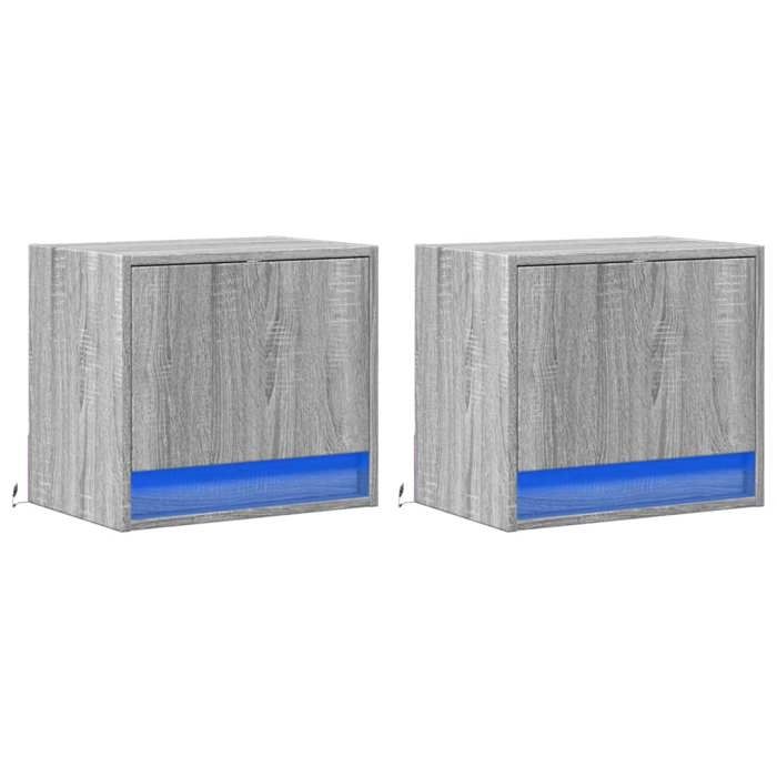 VidaXL Wall-mounted Bedside Tables with LED Lights 2 Pcs Sonoma Grey, Floating Bedside Table, Phone Holder, Table 852086