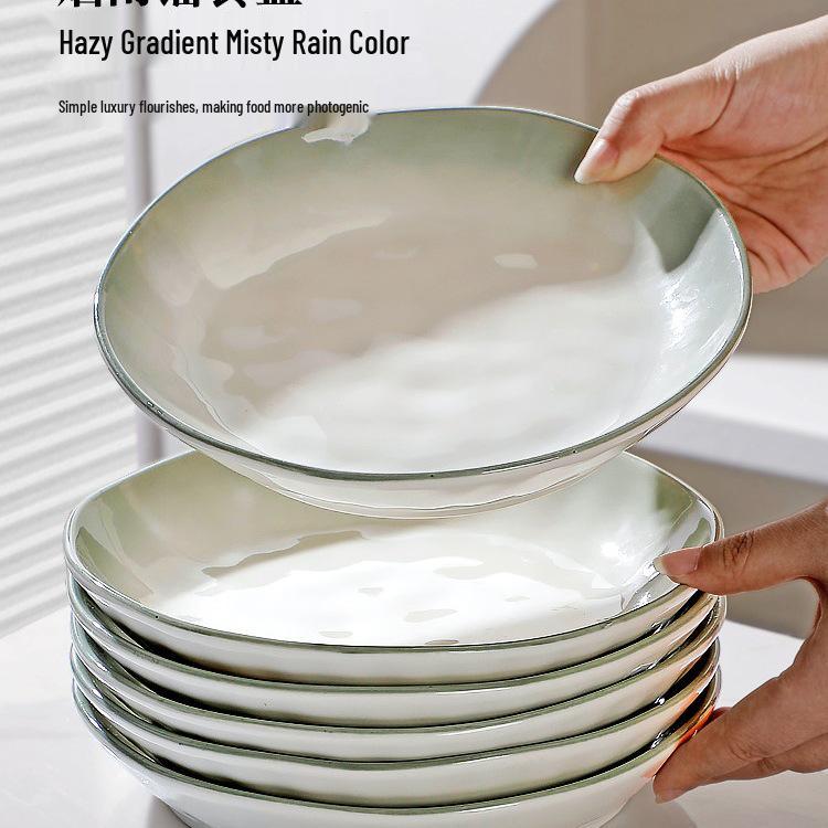 8-Inch Gradient Ceramic Dinner Plate – 2025 New Style, Deep Dish Tableware Set of 4 - 8-inch Smoke Rain Round Plates