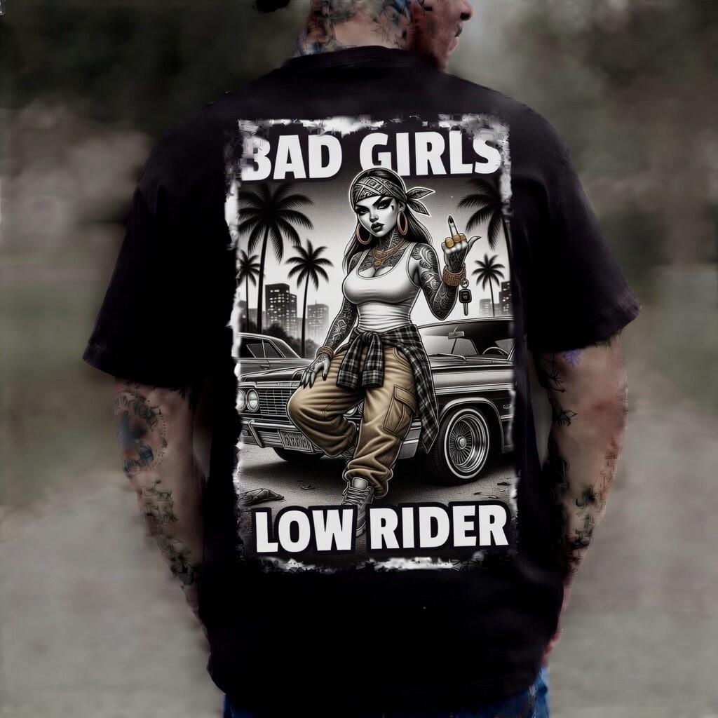 Bad Girls Low Rider Black Graphic Chola Street Tattoo Tee Unisex T-Shirt S