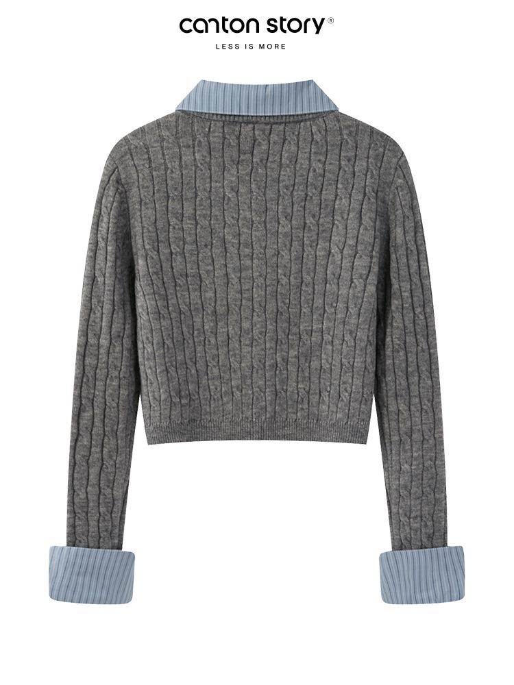 Yangcheng Story Women's Slim Fit Grey Faux Two-Piece Knit Cardigan for Autumn 2025
