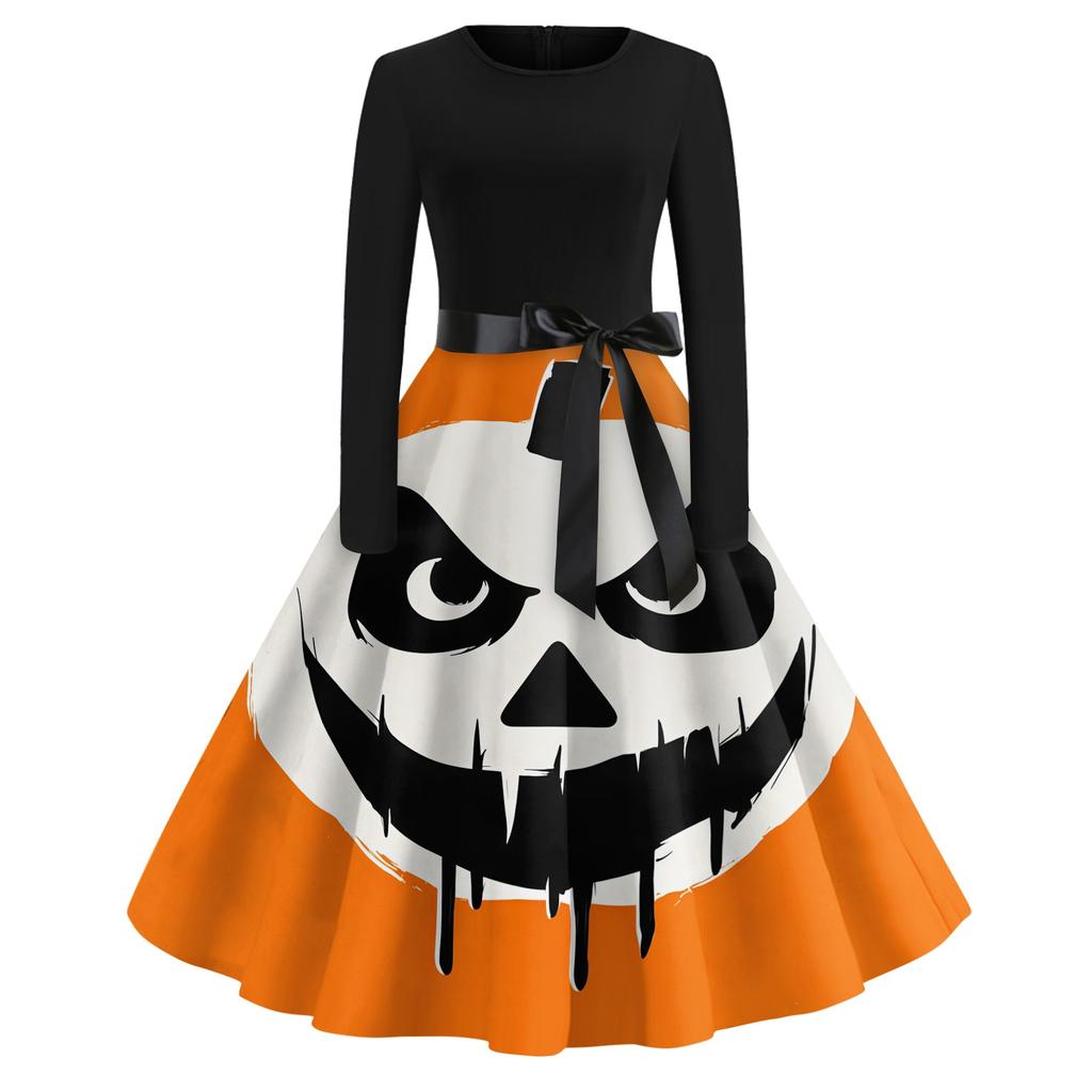 Women's Casual Halloween Print Retro Dress Long Sleeve Round Neck Vintage Style Midi Dress with Belt and Flared Skirt Suitable for Seasonal Wear