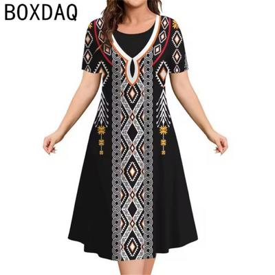 Rochie nouă pentru femei cu imprimeu etnic vintage 3D, rochie de vară cu mânecă scurtă, gât rotund, casual, rochie A-line, rochii supradimensionate pentru doamne