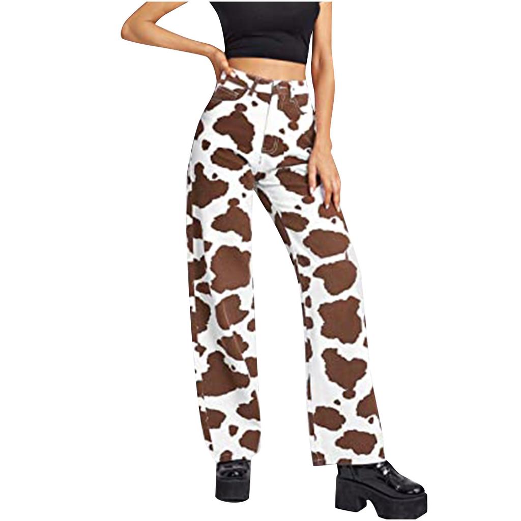 Fashion Women High Waist Loose Pocket Cow Printing Jeans Pants