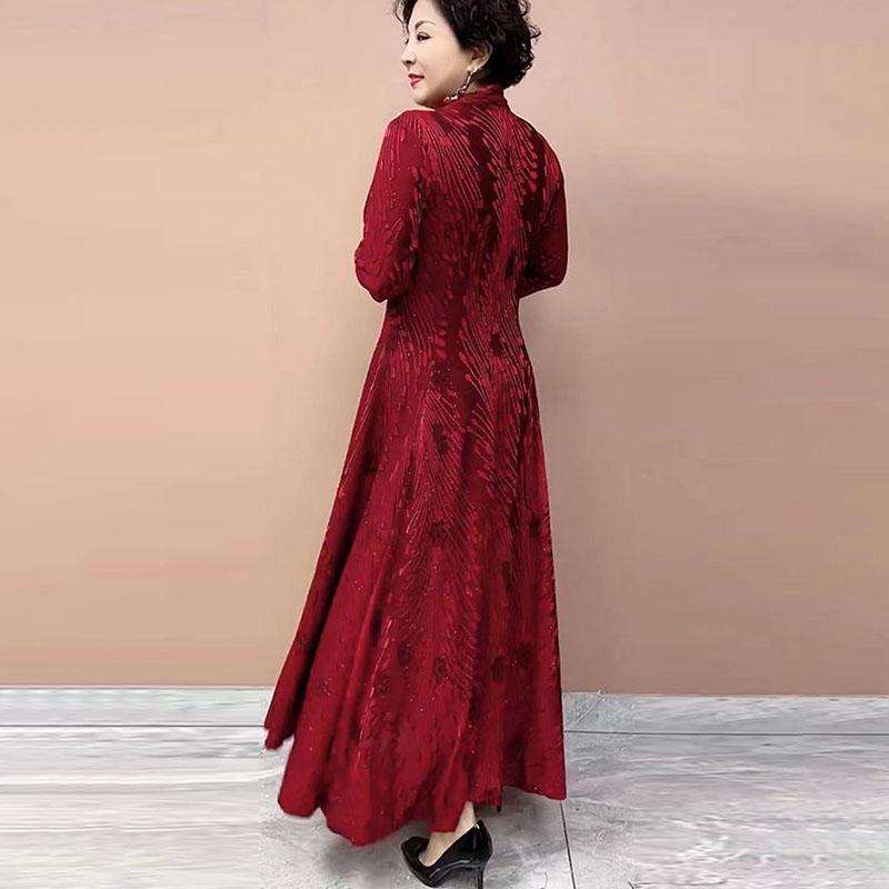 High-end Women's Plus-size Dress Spring and Autumn Slim-fit V-neck Long Printed Dress Stretchy A-line Dress