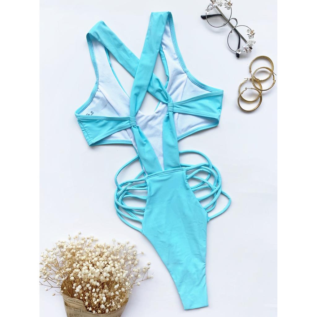 Women One Piece Swimsuit Sexy Cutout Monokini High Leg Swimwear Strappy Side Detail Beachwear for Summer Pool Party
