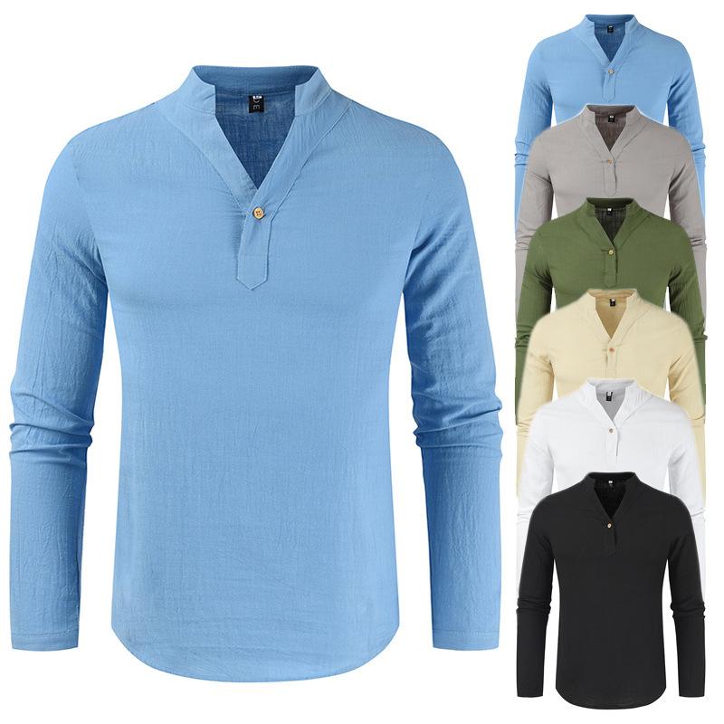 Popular Youth Long Sleeved T-shirt Solid Color Top Loose Thin Style Long Sleeved V-neck Shirt