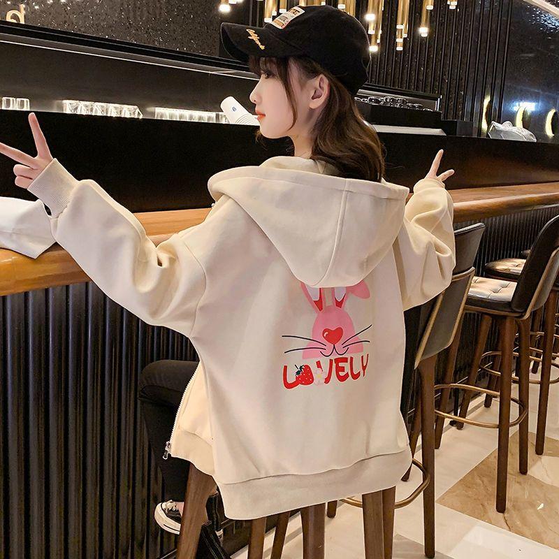 Girls' Rabbit-Printed Hooded Cardigan: Stylish and Casual Fall Jacket for Kids