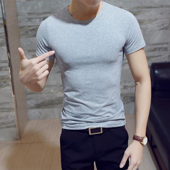 V-Neck Short Sleeve Thin Men T-shirt Summer Solid Color Slim Fit Tee Top Streetwear