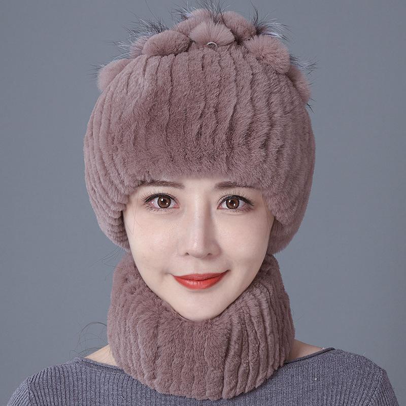 New Rex rabbit fur wool hat women's autumn and winter warm scarf fashion thickened ear protection flower suit tide