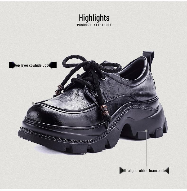 Women's Genuine Leather Thick Sole Retro Loafers - British Style, Height-Increasing Autumn Shoes