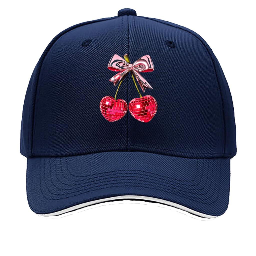 Pink Bow Red Disco Ball Cherries Graphic Sandwich Baseball Cap Unisex Women Sun Cap Outdoor Workouts Hat