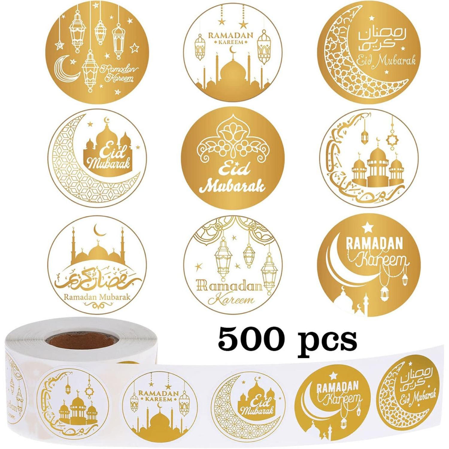 

500pcs Golden Foil Eid Al Fitr Mubarak Stickers | Hot Stamping, 9 Jumbo Designs, Gift Packaging Decoration, 1-inch Ramadan Stickers 500pcs