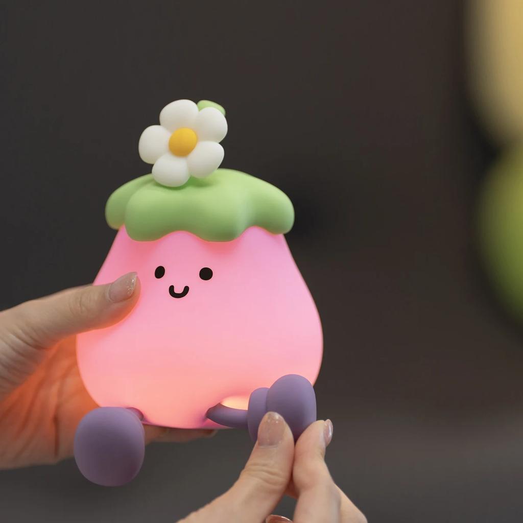 LED Cute Night Light for Kids, Soft Silicone Cartoon Night Lamp, Pink Eggplant Shape with Smile-Battery Powered Baby Night Light