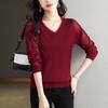 Herbst Spitze Ärmel Gestrickte Basis Pullover für Mittleren alters Frauen Tragen V-ausschnitt Pullover Dünne