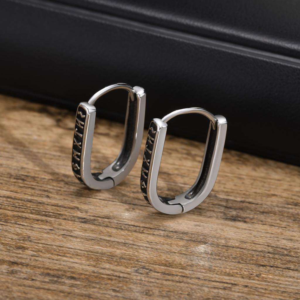 Vnox Viking Runes U Style Earrings for Men, Vintage Silver Color Stainless Steel Hoop Huggie Earrings,Gifts for Him Jewelry