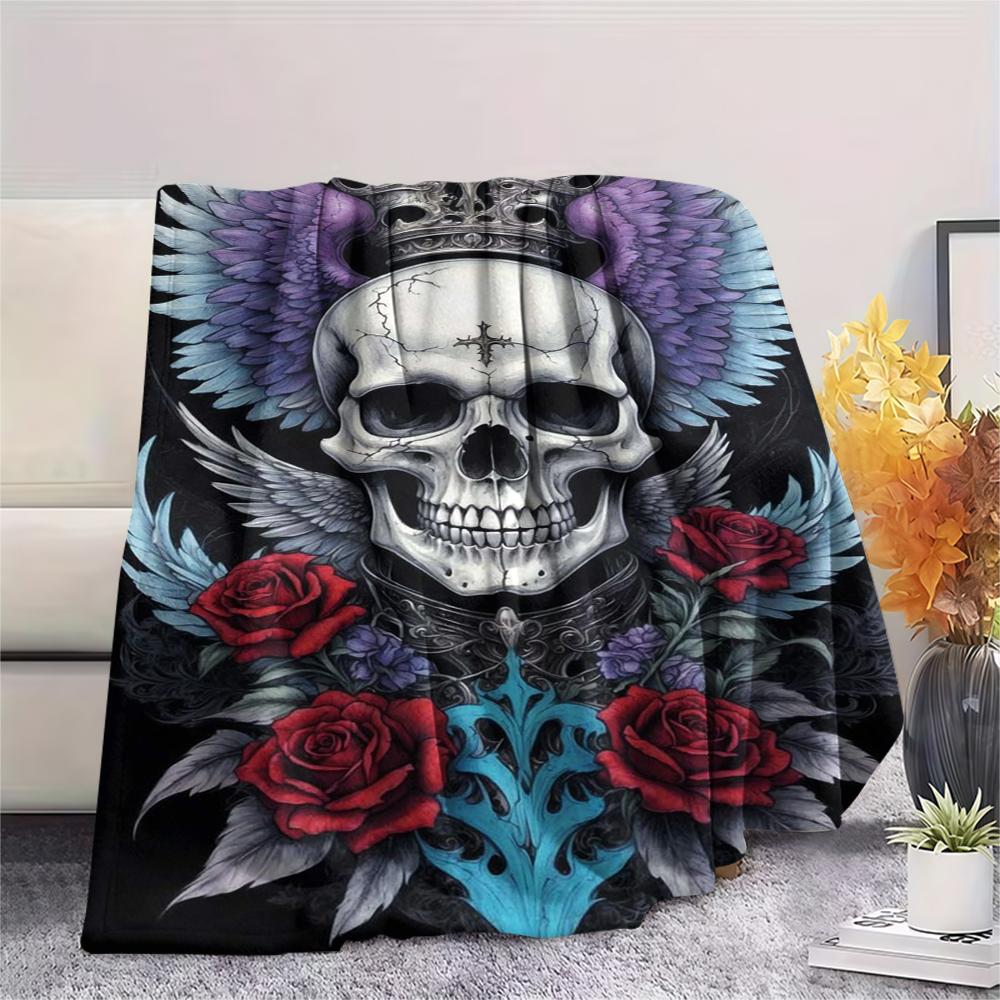 1Pc Skull Head Print Flannel Blanket, High Quality Comfortable for All Seasons, Home Decor, Warmth and Comfort, Perfect for Gifts