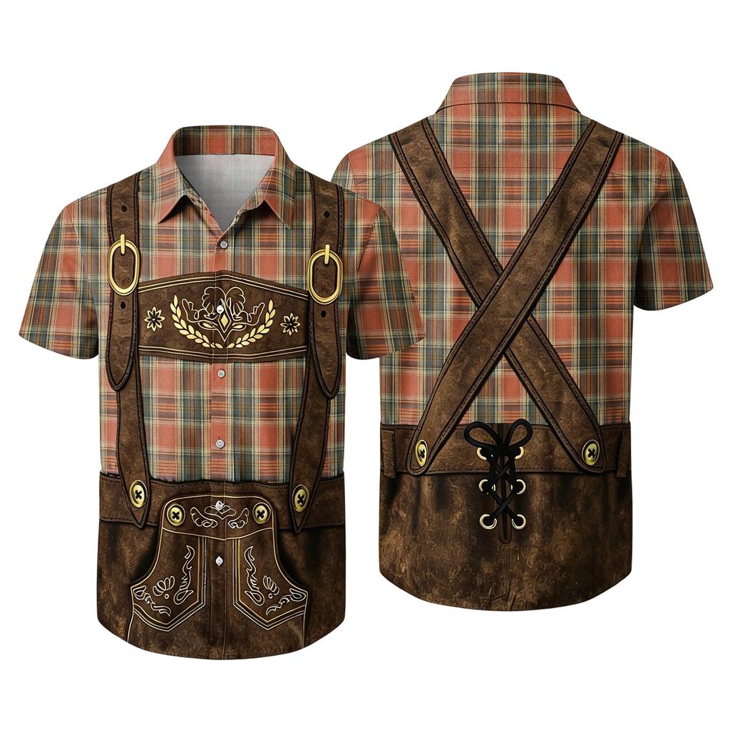 Men's Short Sleeve Button Down Shirt with Vintage Festival Print Relaxed Fit Casual Party Top for Everyday Wear