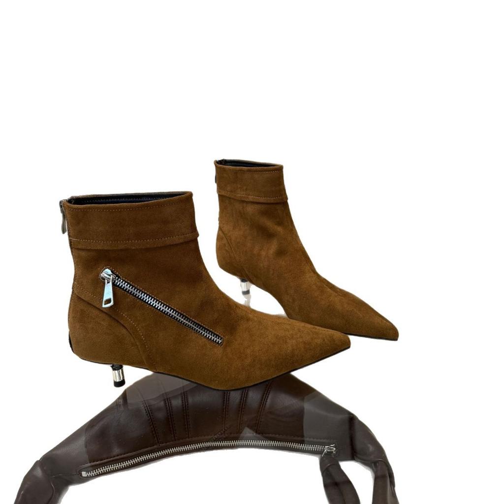 2025 New Internet Celebrity Thin Heel Spring and Autumn Single Boots High Heel Elastic Thin Boots Pointed Suede Kitten and Short Boots Women