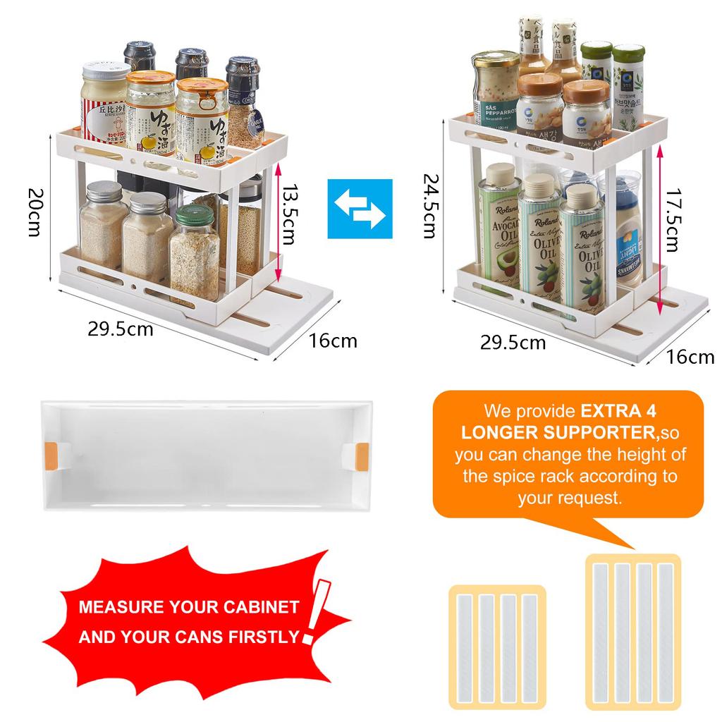 2 Tier Pull-out and Rotate Kitchen Spice Rack Multi-Function Seasoning Organizer for Kitchen Cabinet Pantry Counter-Top Supplies